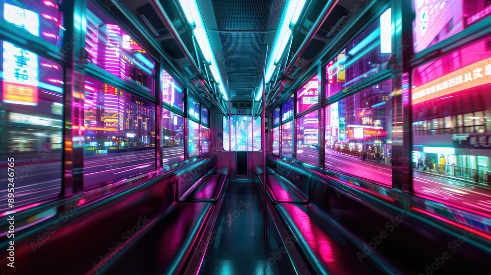 Poster A neon city bus with a neon sign on the side. The bus is empty and the interior is lit up with neon lights