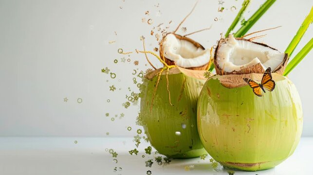 Refreshing young coconut water drink. seamless looping time-lapse virtual 4k video Animation Background.