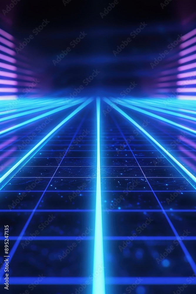 Poster a blue and purple neon grid illuminated in a dark room, perfect for use in futuristic or technologic