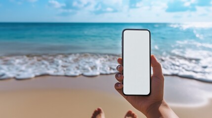 Hand Holding Smartphone with Blank Screen on Tropical Beach