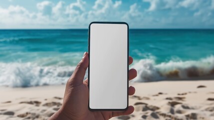 Hand Holding Smartphone with Blank Screen on Tropical Beach