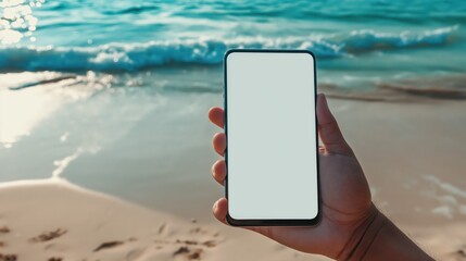 Hand Holding Smartphone with Blank Screen on Tropical Beach