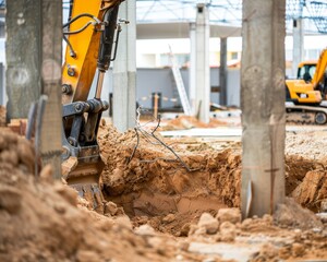 Fototapeta premium Crawler excavator with backhoe digging soil at construction site, excavation vehicle in action