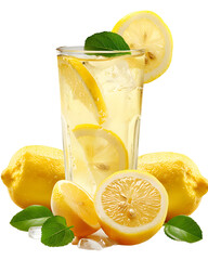 glass of lemonade with  lemon isolated on transparent background, PNG
