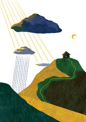 small house on the mountain, rain summer landscape illustration