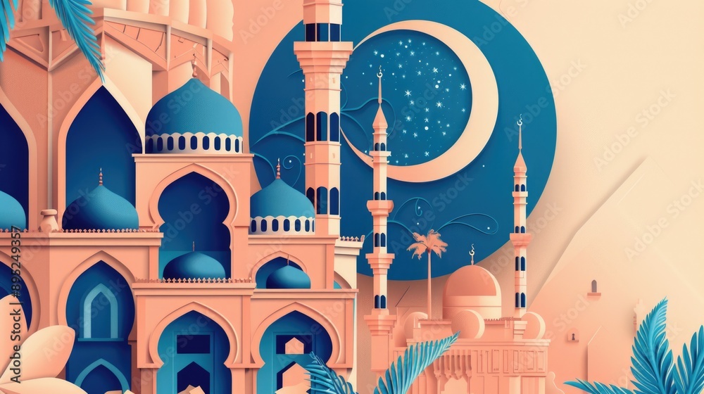 Poster A picture of a mosque with a crescent moon symbol on its facade, surrounded by palm trees