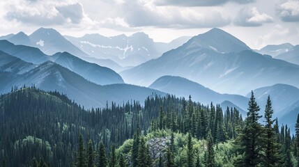 The rugged peaks of mountains rising above the treeline, their slopes covered in a patchwork of forest and bare rock, showcasing the grandeur of nature.