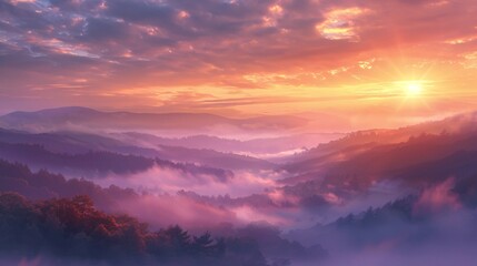 Obraz premium Sunrise over a misty valley, with the rising sun painting the sky in hues of pink, orange, and purple, and the landscape slowly emerging from the fog below.