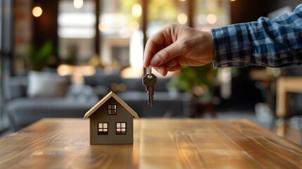 Hand of real estate agent handing over the keys to new house. Real estate and buying house concept. Generative AI.