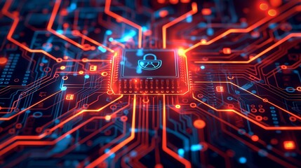 Digital cyber security circuit board, glowing accents, lock in center. Cyber security concept. Generative AI.