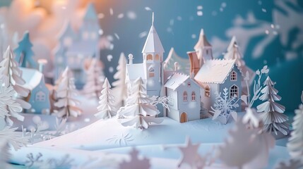 whimsical winter wonderland popup book intricate paper engineering brings snowy scenes to life delicate cutouts and pastel color palette create charming storybook aesthetic