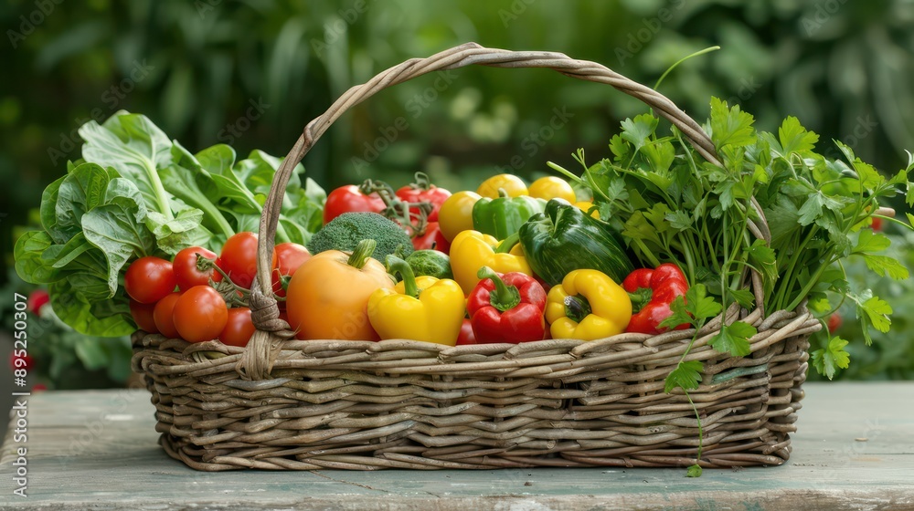Poster a basket full of vegetables including tomatoes, peppers, and cilantro. the basket is on a table and 