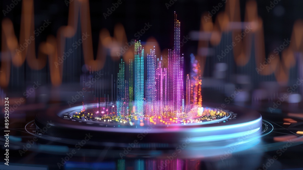 Aufkleber a colorful cityscape is displayed on a screen. the city is made up of many small dots, each represen