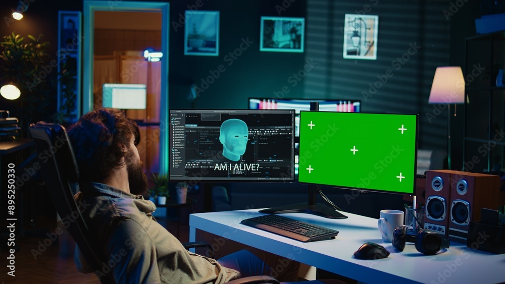 Poster programmer being asked existential questions by awaken ai on mockup pc gaining consciousness. man co