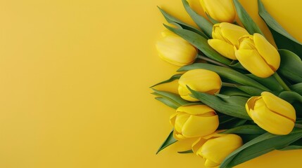 Colorful yellow tulip bouquet on green framed banner Yellow background with text space