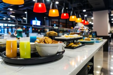 Vibrant hotel breakfast spread with modern service station, canon eos style winner