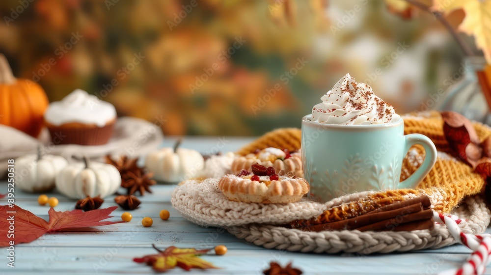 Poster a blue mug with whipped cream on top sits on a table with a plate of cookies and a bowl of pumpkin s