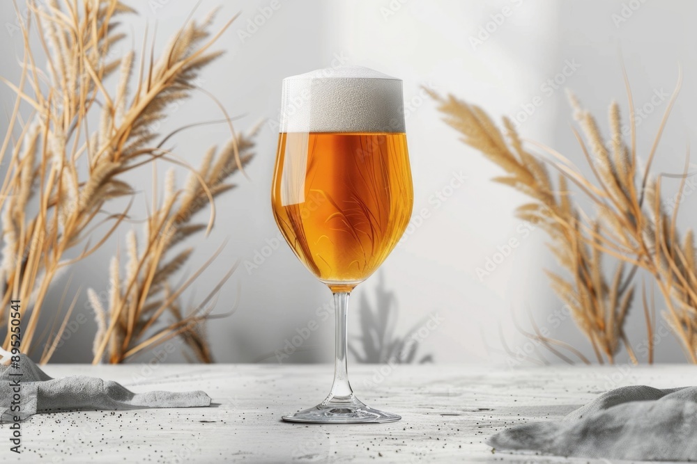 Poster a single serving of beer sitting on a table, great for use in food and drink scenes or as a prop