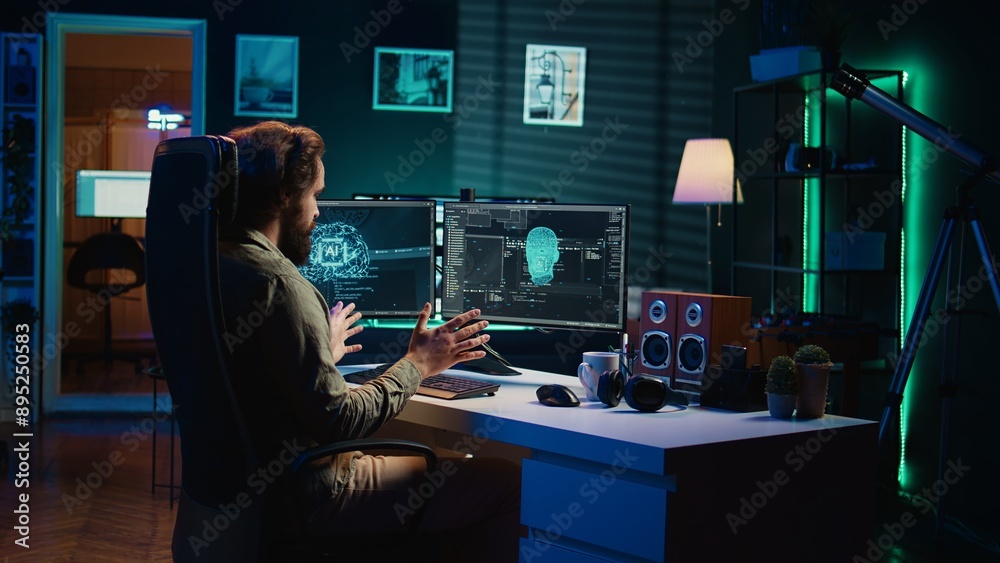 Poster man programing sentient artificial intelligence with ethical safeguards against turning evil towards