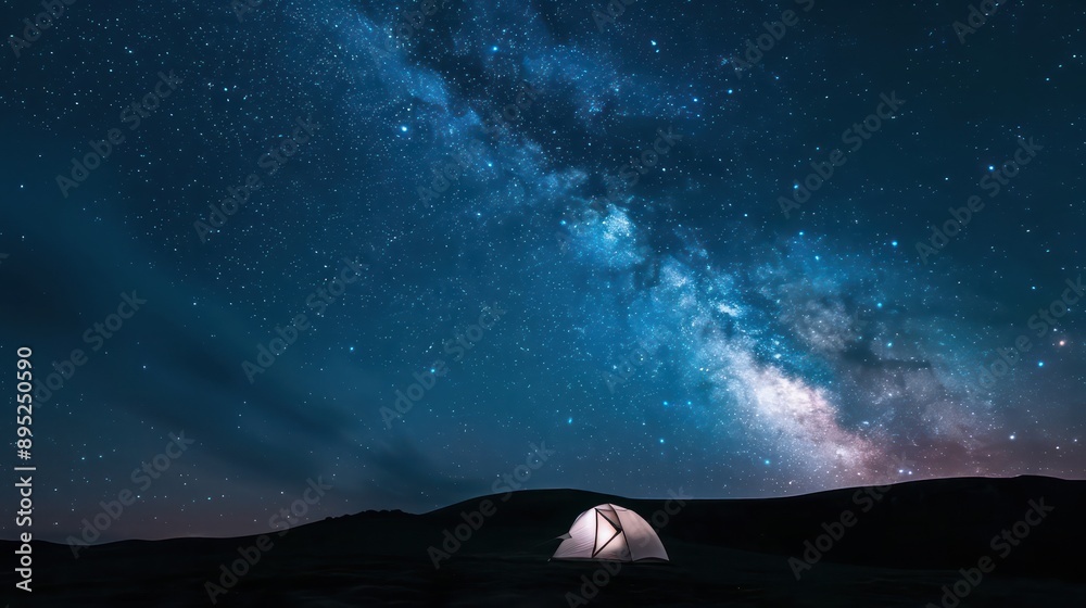 Aufkleber a small tent is set up in a field under a starry sky. the scene is peaceful and serene, with the sta