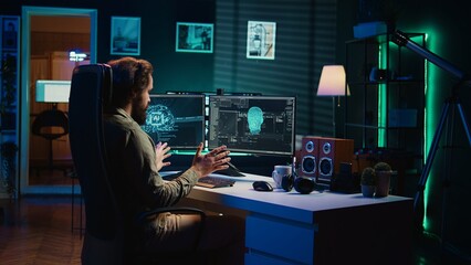 Man programing sentient artificial intelligence with ethical safeguards against turning evil...