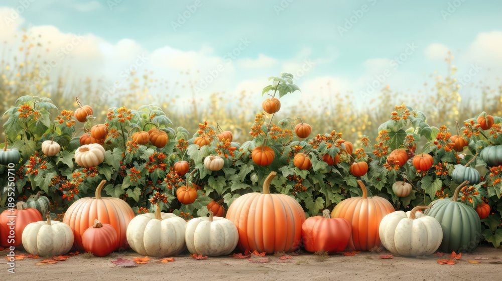 Aufkleber A row of pumpkins in a field with a blue sky in the background. The pumpkins are of different colors and sizes, creating a vibrant and lively scene