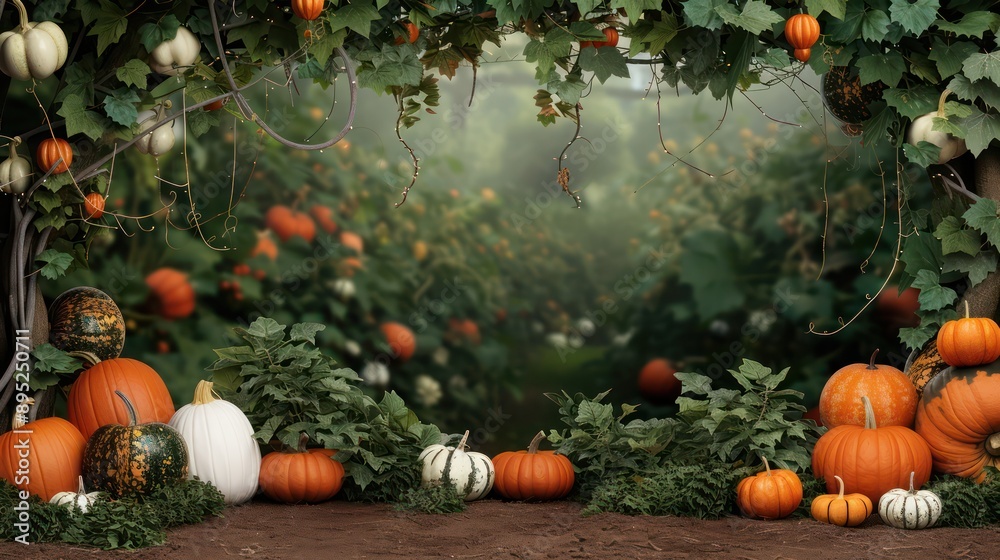 Poster A field of pumpkins with vines and leaves in the background. The pumpkins are of different sizes and colors, and they are scattered throughout the scene. Scene is warm and inviting
