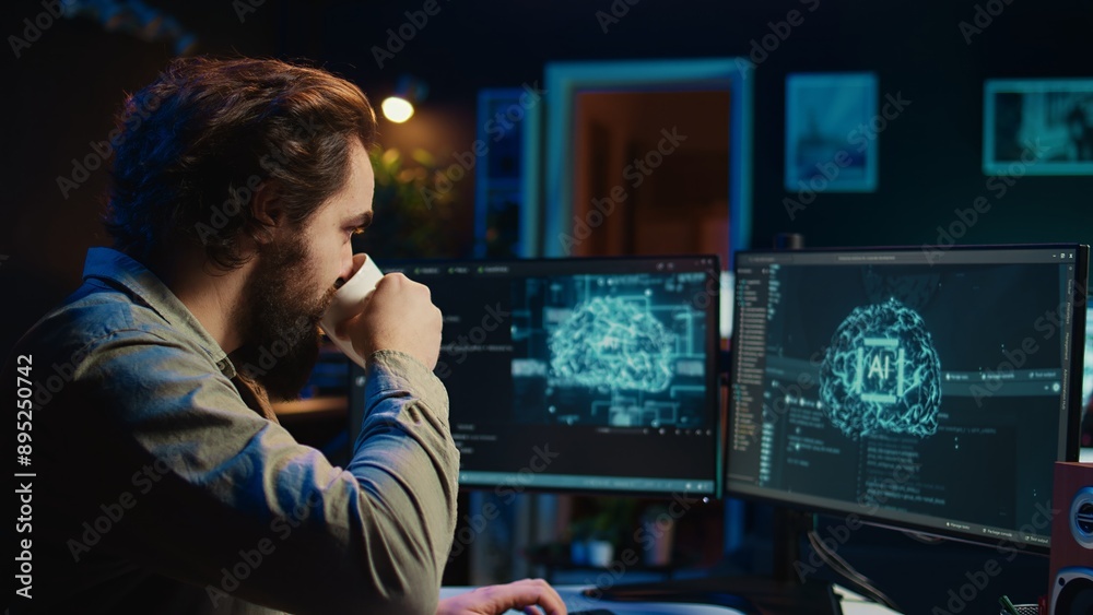 Poster programmer being asked existential questions by awaken ai gaining consciousness, emulating humans an
