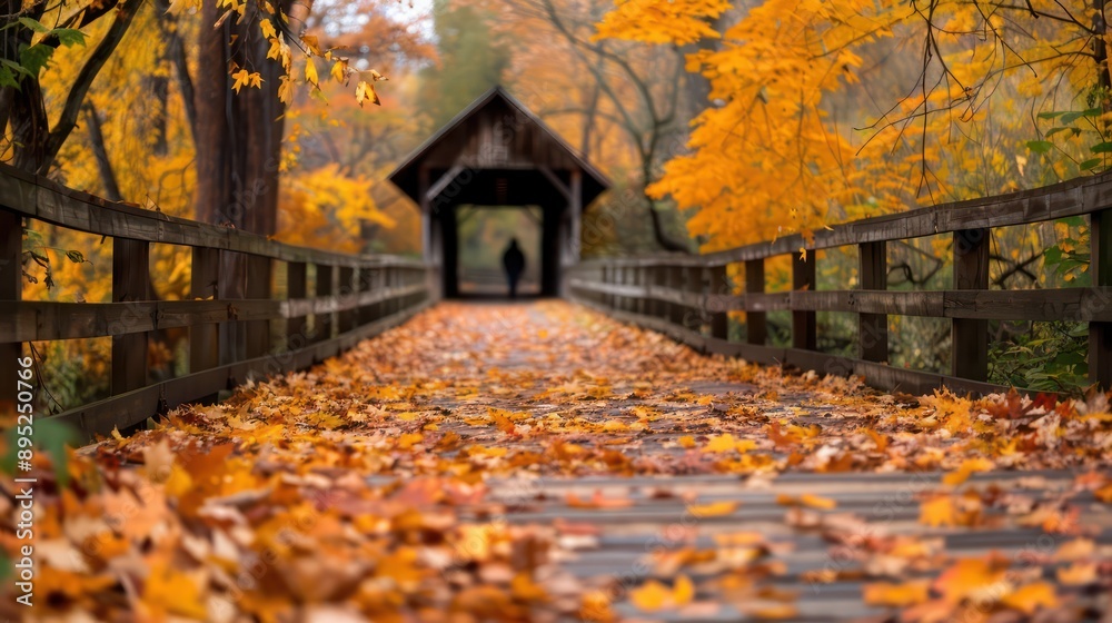 Poster a bridge with a wooden roof and a person walking across it. the bridge is surrounded by trees with l