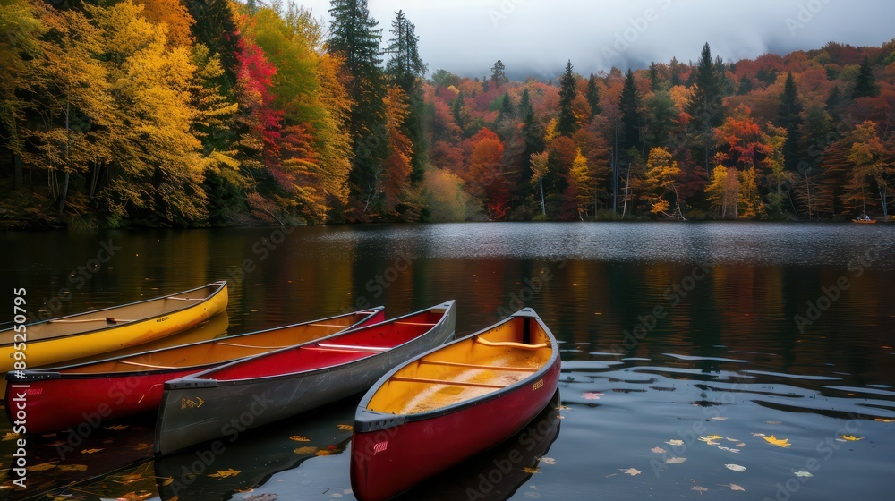 Poster three canoes are floating in a lake with autumn leaves on the water. the scene is peaceful and seren