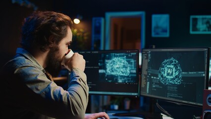 Programmer being asked existential questions by awaken AI gaining consciousness, emulating humans and passing turing test. Man communicating with artificial intelligence, camera B