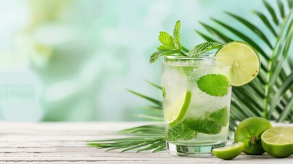 A glass of limeade with a lime slice in it sits on a table. The limeade is clear and refreshing, and the lime slice adds a pop of color and flavor. Concept of relaxation and enjoyment