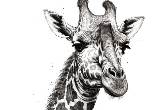 recommend clip art: Black and white Vintage engraved art of a close-up portrait of a giraffe isolated on white background, ink sketch illustration, simple vector art design, highly detailed line art, high contrasty. 