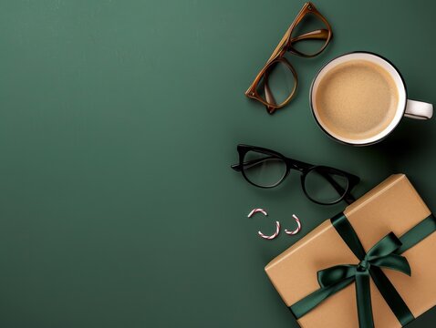 Fathers day banner template gift box, glasses, coffee cup on green background, top view composition