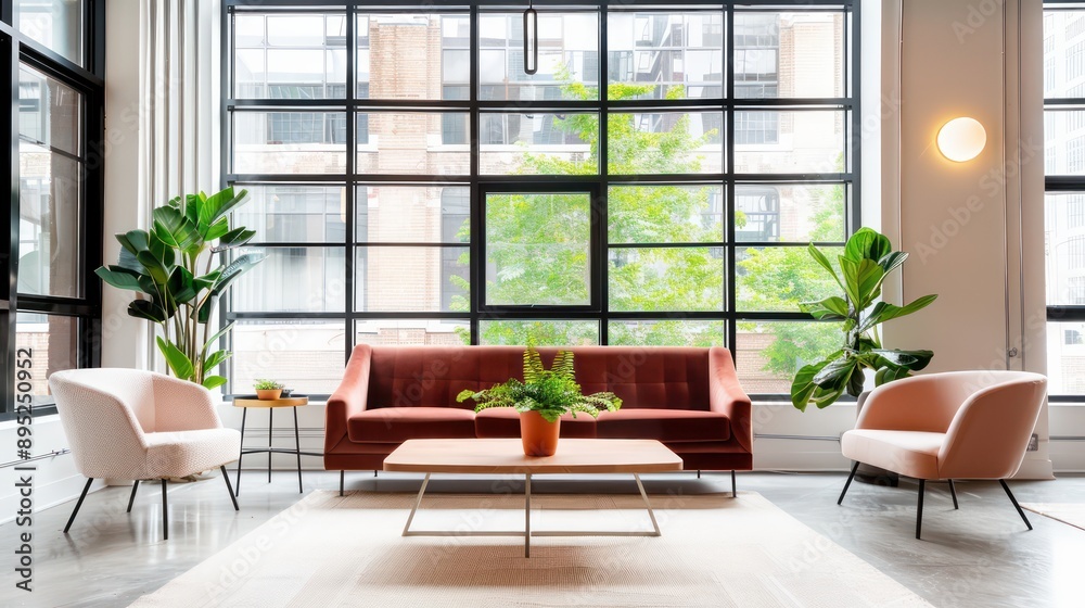 Poster a living room with a couch, two chairs, and a coffee table. the room has a modern and minimalist des