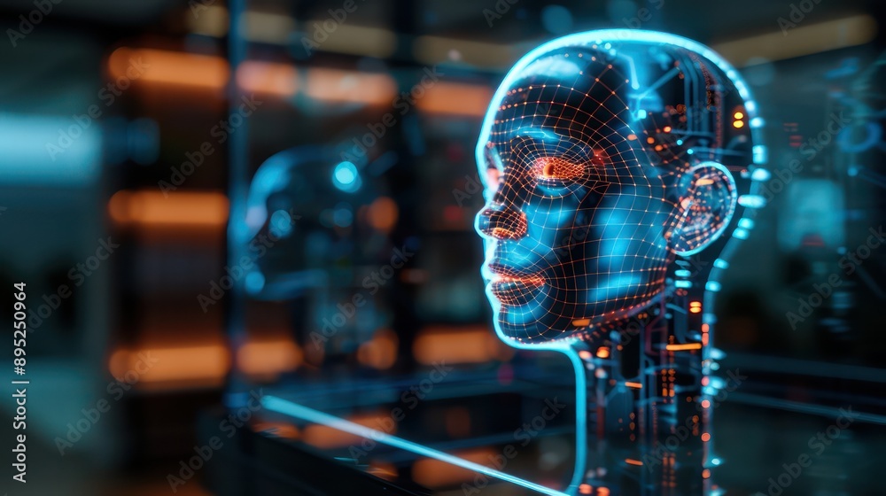 Aufkleber a woman's face is displayed on a computer screen. the face is made up of a mesh of wires and is surr
