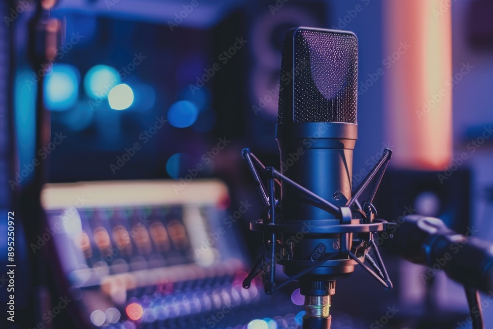 Aufkleber microphone and laptop setup in a recording studio