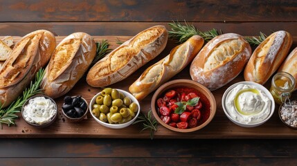 A wooden tray with a variety of breads and dips, including olives, tomatoes, and cheese