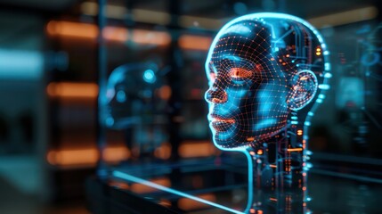 A woman's face is displayed on a computer screen. The face is made up of a mesh of wires and is surrounded by a black frame. The image gives off a futuristic and technological vibe, with the wires