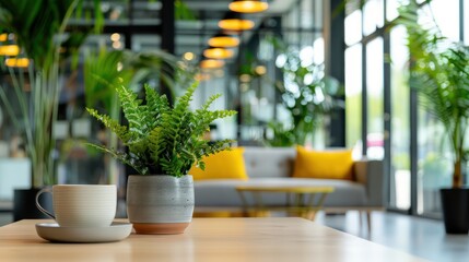 Fototapeta premium A coffee cup sits on a table next to a potted plant. The plant is a small fern and the cup is white. The scene is set in a room with a couch and a few other potted plants