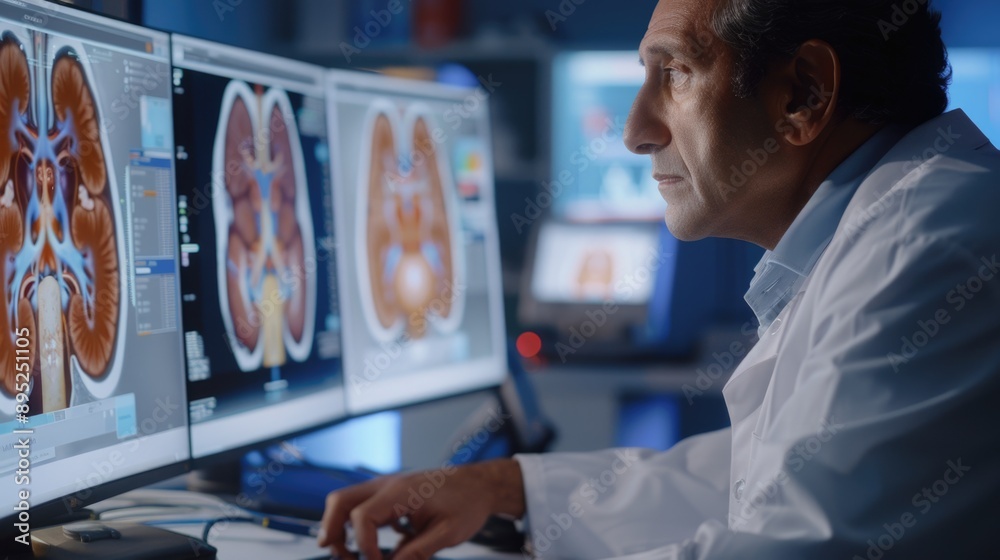 Poster Scientist studies computer screen with serious expression, suitable for tech or science-related projects