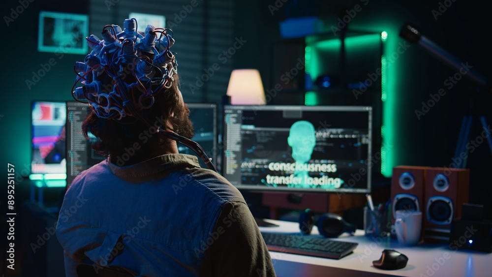 Poster engineer with eeg headset on programming brain transfer into computer virtual world, merging with ar