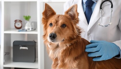 Adorable pet at the vet's office. Nice dog at his medical checkup.
