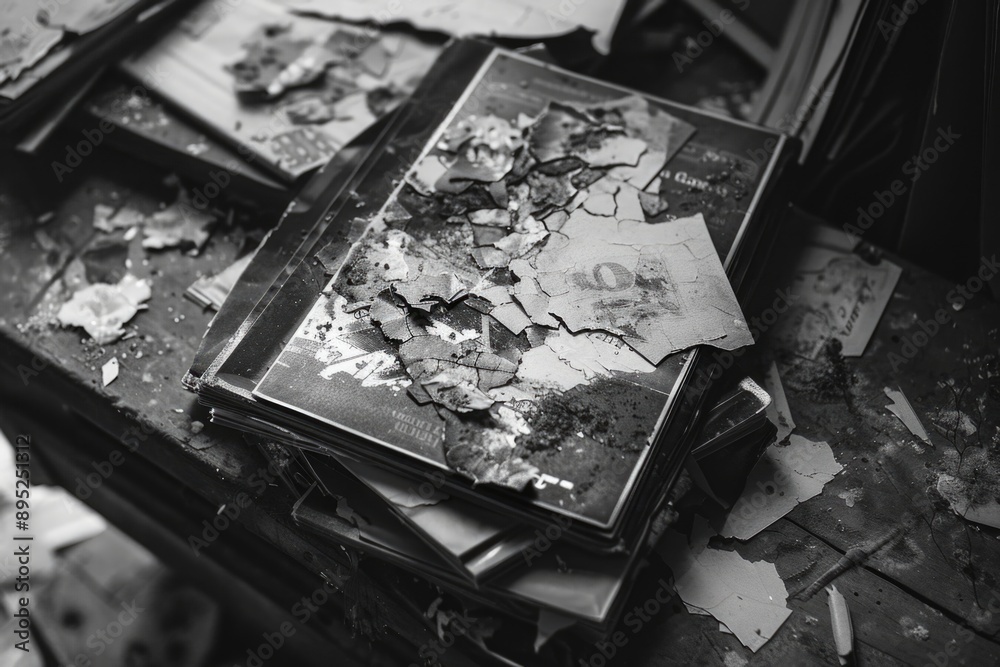 Poster a classic black and white photo of a book sitting on a table, perfect for use in editorial or educat
