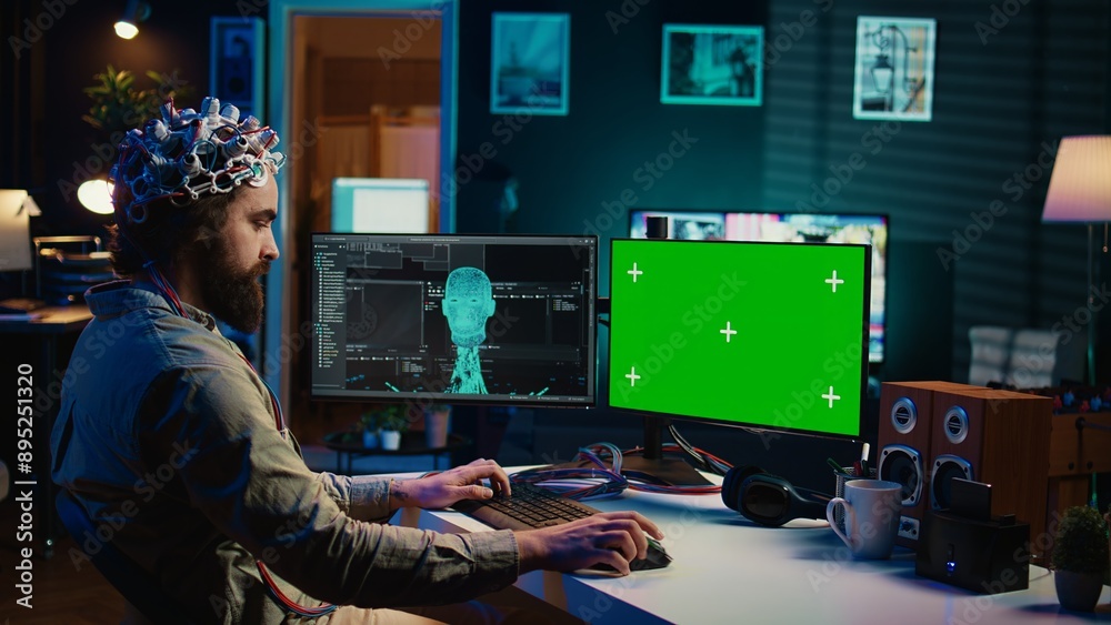 Poster developer using eeg headset, starting mind upload process using isolated screen desktop. man using n