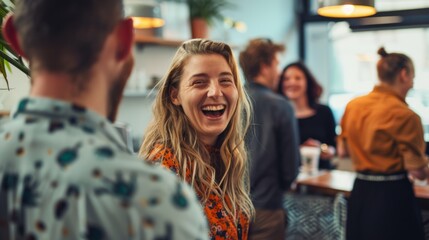 Obraz premium person laughing with a group of colleagues in the rest area generative ai