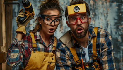 Fototapeta premium Shocked electricians in safety gear, female tech with drill male colleague staring at camera