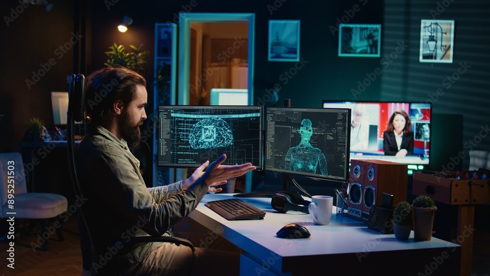 Poster self aware ai gaining anthropomorphic form inside cyberspace, waving hand, saluting programmer. arti
