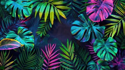 Naklejka premium Neon tropical foliage on black