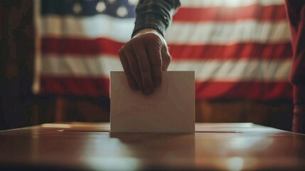 Close-Up Of A Mans Hand Holding Ballot Paper Over Voting Box With American Flag In Background.